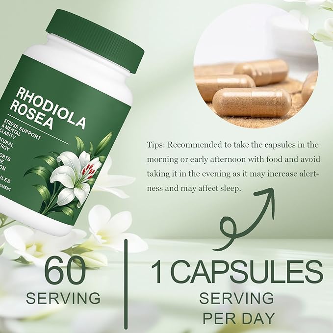 Floraviva Rhodiola Rosea Capsules Natural Adaptogenic Herb 500mg Organic Rhodiola Rosea Extract Supplement for Stress Support Balance Energy Immune Function Non-GMO 60 Vegan Capsules