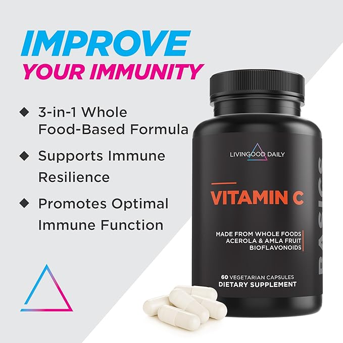 Livingood Daily Vitamin C Supplement 3-in-1 Whole Food-Based Vitamin C with Acerola &amp Amla Fruit Extracts and Citrus Bioflavonoids for Immune Support Vegan Gluten Free Non GMO 60 Capsules