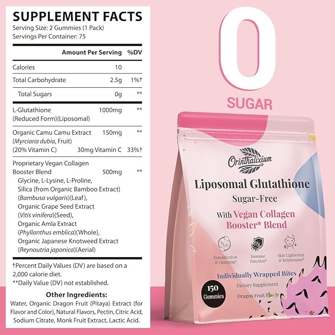 Orinthalixium Liposomal Glutathione Gummies 1000MG - Sugar Free Reduced L-Glutathione with Vitamin C &amp Vegan Collagen - Antioxidant &amp Skin Wellness - 300 Count (2 Pack)