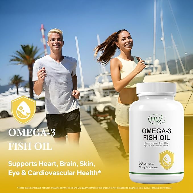 HUJ Omega 3 Fish Oil 1000mg Softgels - EPA+DPA Fish Oil Omega 3 for Heart Brain Skin Eyes &amp Cardiovascular Support *- 60 Softgels