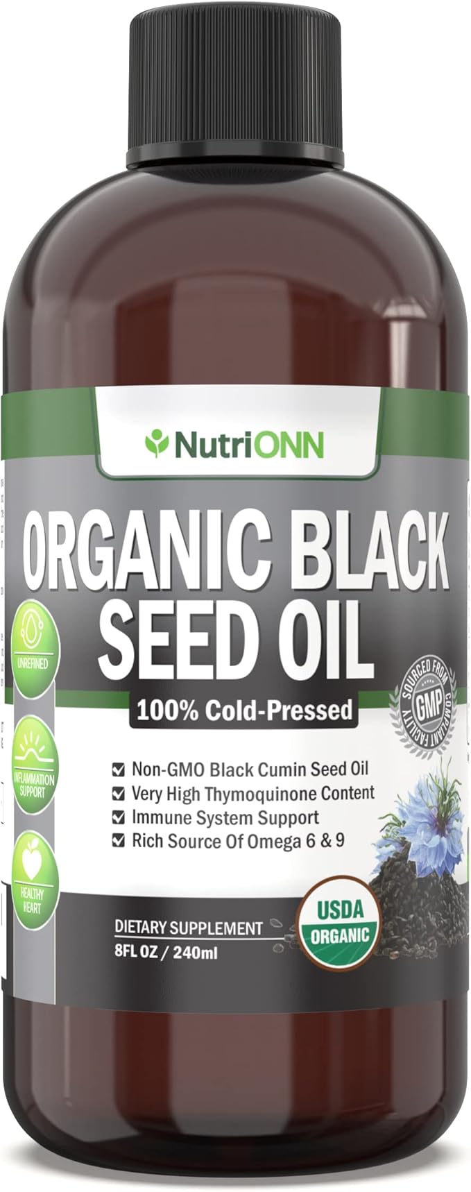 Organic Black Seed Oil - USDA Certified Organic Black Cumin Seed Oil Liquid – High Thymoquinone Content – Non-GMO and Cold-Pressed – Rich Source of Omega-6 &amp Omega-9 Fatty Acids - 8 Oz