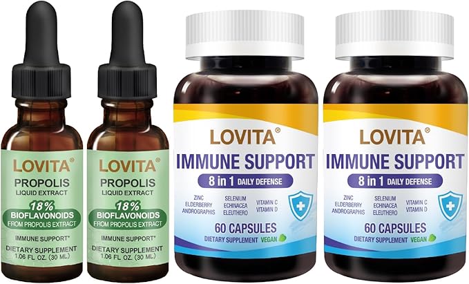 LOVITA Dual Defense Bundle - 2 Propolis Liquid &amp 2 Immune 8-in-1 Bottles High Potency Bioflavonoids with Elderberry &amp Zinc Complex (4 Pc)