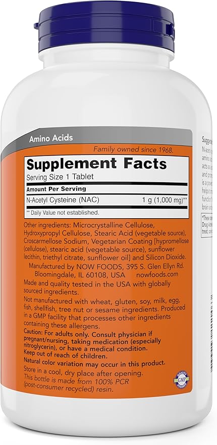 NOW Foods NAC 1000 mg 250 Tablets (Pack of 2) N-Acetyl-Cysteine Supplement 1000mg (1 gram) per Tablet - Vegetarian Non-GMO