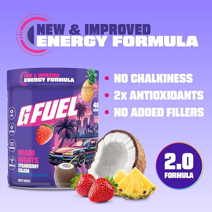 G Fuel Miami Nights 2.0 Energy Drink Powder Pre Workout Caffeine Mix for Gaming Sugar Free Focus Amino Vitamin + Antioxidants 8.7oz (Strawberry Pina Colada 40 Servings)