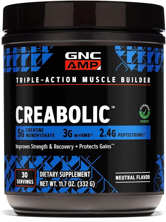 GNC AMP Creabolic - Creatine Monohydrate Powder - High-Potency 5g Creatine with HMB &amp PeptiStrong - Triple Action Muscle Formula - No Added Sugars - Unflavored - 30 Servings