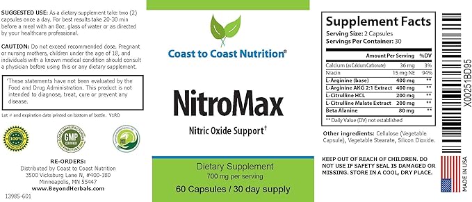 NitroMax Performance Formula – L-Arginine Nitric Oxide Supplement Plus Citrulline AKG Beta Alanine – Build Muscle Vascularity Energy Circulation – Workout Harder - 60 L-Arginine Capsules