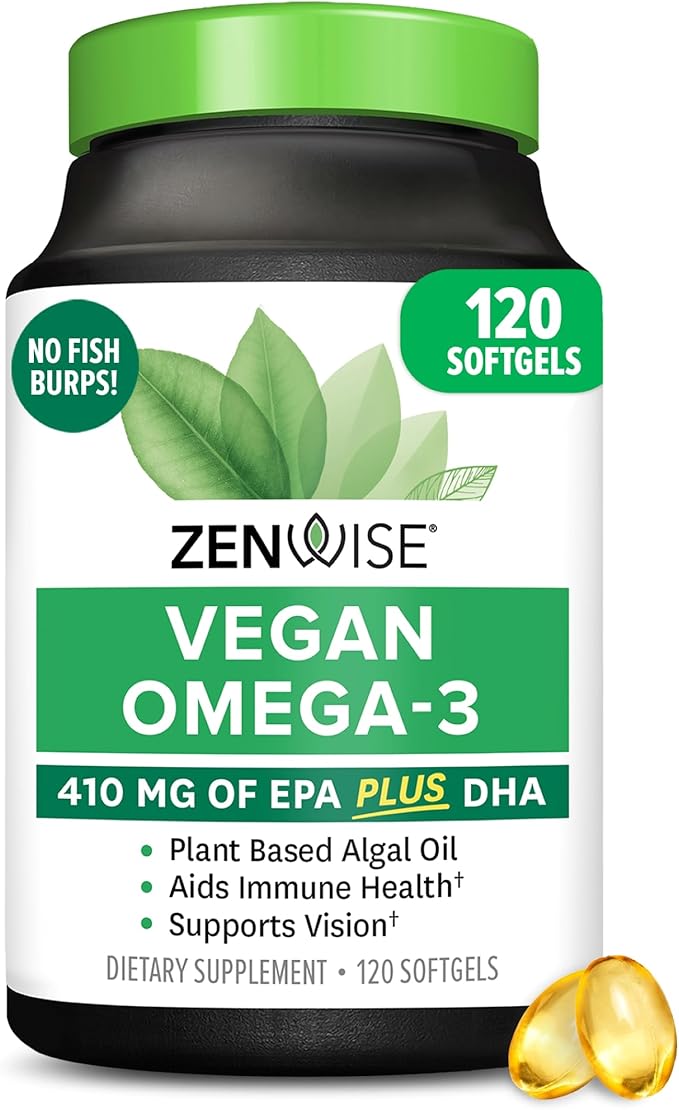 Zenwise Health Vegan Omega 3 Supplement - Burpless Omega 3 Supplement with DHA EPA &amp DPA Fatty Acids for Immune Health - Fish Oil Alternative from Sustainably Sourced Marine Algae Oil - 120 Softg