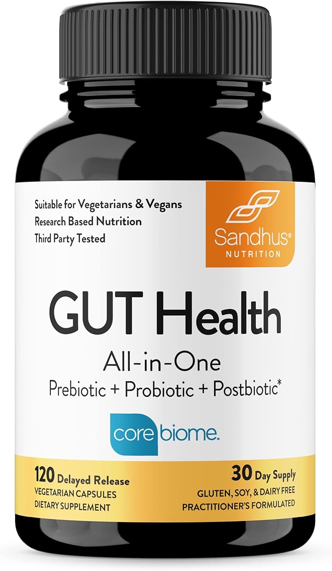 Sandhu's Gut Health - Prebiotic Probiotic Postbiotic &amp L-Glutamine | Digestive Health Colon Probiotic Total Supplements | 120 Delayed Release Capsules