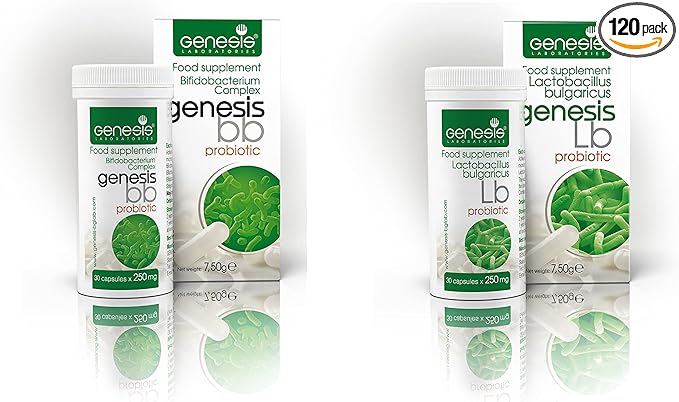 Super Pack of 2 Genesis Probiotics: Genesis Bifidobacterium Complex BB Probiotic 30 Capsules of 240 mg and Genesis LB Probiotic 30 Capsules of 240 mg