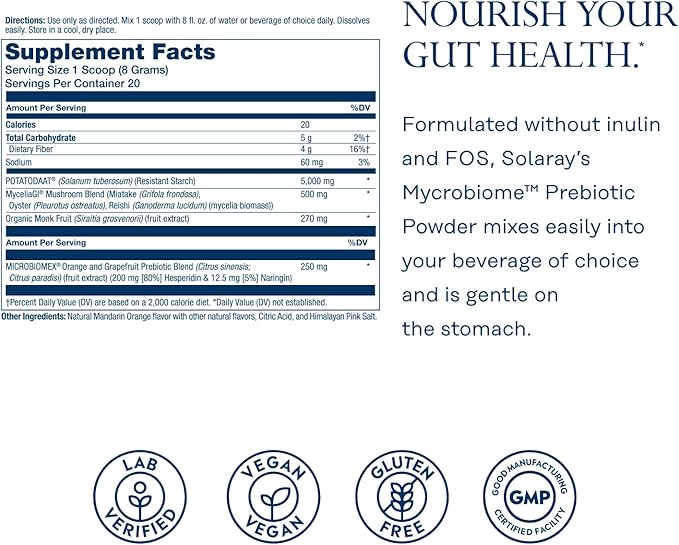 SOLARAY Mycrobiome Prebiotic Powder Prebiotics for Women and Men Digestive Nutritional Supplements for Colon and Gut Health Easy-to-Mix Non-Bloating Formula Citrus Flavor 20 Servings 5.64 OZ