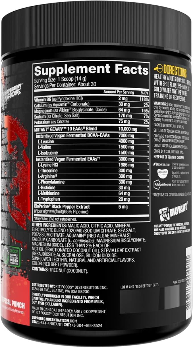 Mutant GEAAR - 9.4g of EAA Powder + Arginine 7g BCAAs 4g Leucine Electrolytes Coconut Water 30 Servings - Fruit Punch