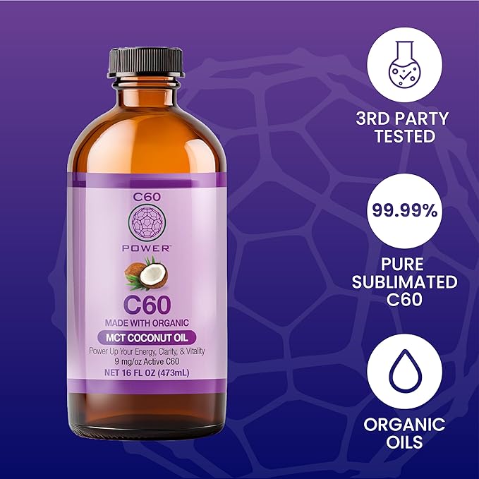 C60 Power C60 in Organic MCT Coconut Oil - Natural Wellness &amp Antioxidant Support for Men &amp Women 99.99% Pure Carbon Fullerenes Promotes Energy Mental Clarity &amp Stamina - 16 fl oz Bott