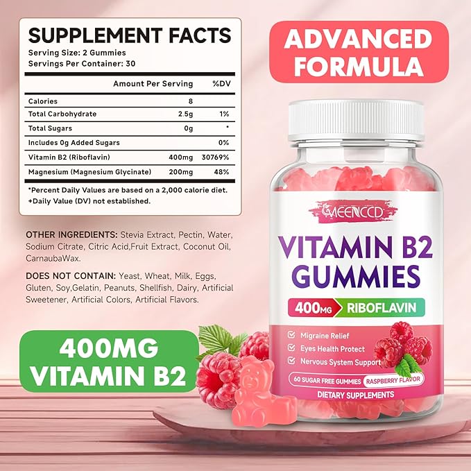 MEENCCD Vitamin B2 Gummies Riboflavin 400mg Supplement with Magnesium for Kids &amp Adults B2 Gummies for Migraine Relief &amp Nervous System Support Vegan Sugar-Free Raspberry Flavor 60 Count