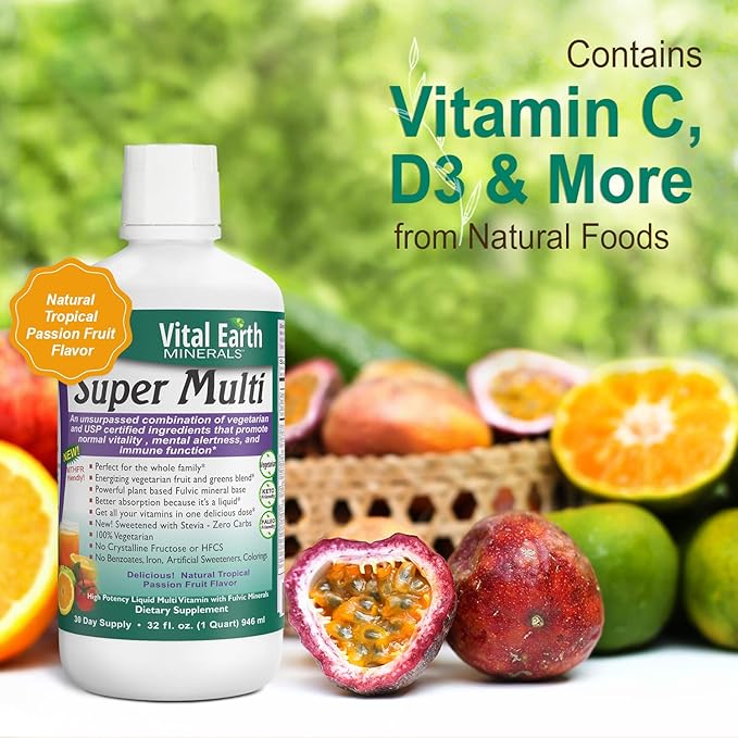 Vital Earth Minerals Super Multi – Liquid Multivitamins for Women Men &amp Kids Liquid Vitamins with Fulvic Acid for Better Absorption MTHFR Support 32 Oz + 1 Oz Cup