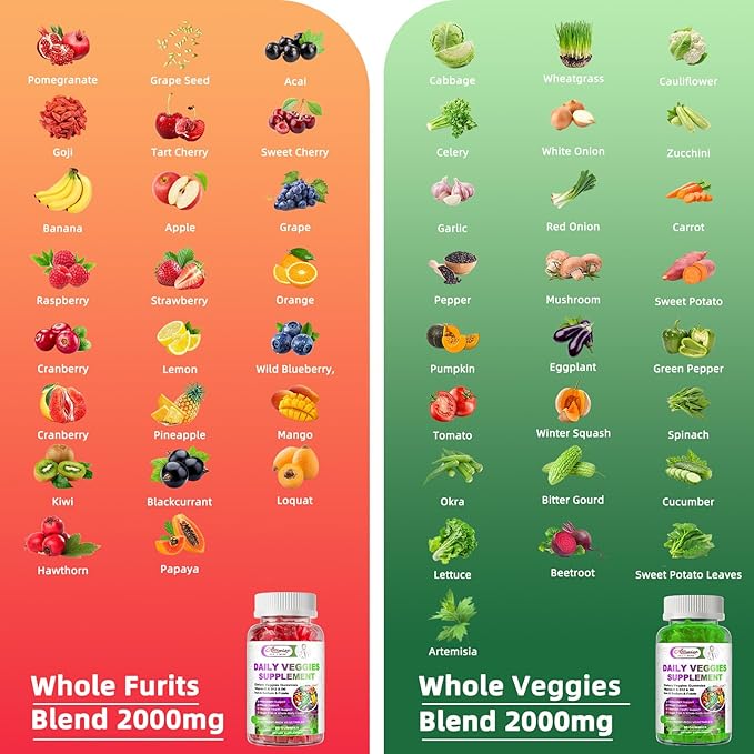 Sugar-Free Fruits &amp Veggies Gummies Super Greens with 23 Fruits &amp 25 Veggies Multivitamin Minerals &amp Fiber Vegan Fruit &amp Vegetable Supplement for Adults 120 Gummies 2 Month Supply