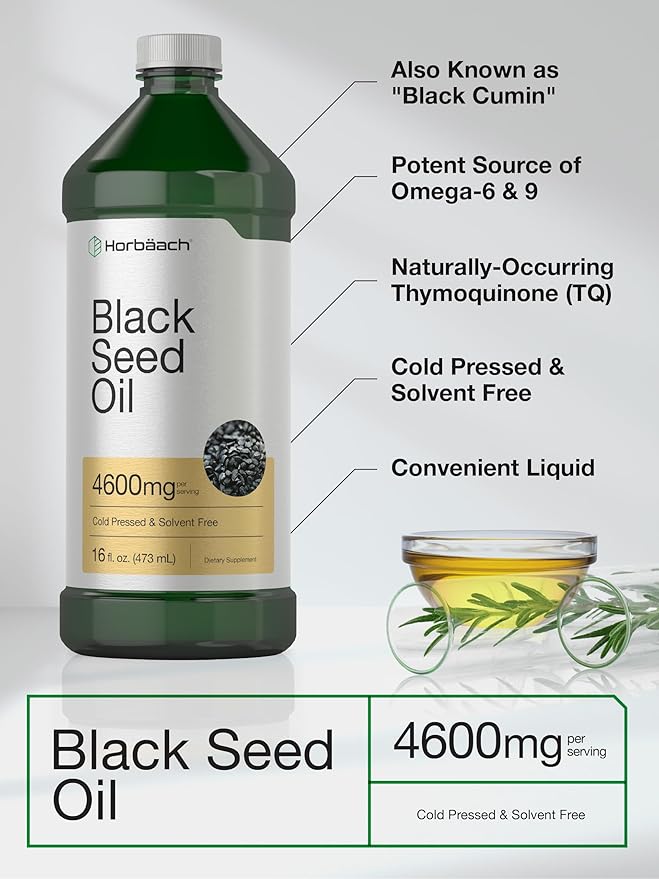 Horbäach Black Seed Oil Liquid | 16oz | 4600mg | Cold Pressed Nigella Sativa Supplement | with Omega 6 &amp 9 | Vegetarian Non-GMO Gluten Free and Solvent Free Formula