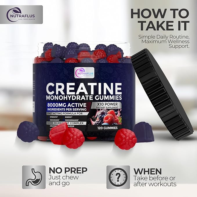Creatine Monohydrate Gummies – Berry Flavored Creatine Supplements for Women and Men – 120Pcs Pre Workout Gummies with BCAA Taurine Vitamin B12 - Promote Energy Boost Performance