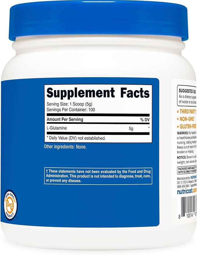 Nutricost L-Glutamine Powder (500 Grams) Unflavored - Gluten Free &amp Non-GMO 100 Servings (Pack of 2)