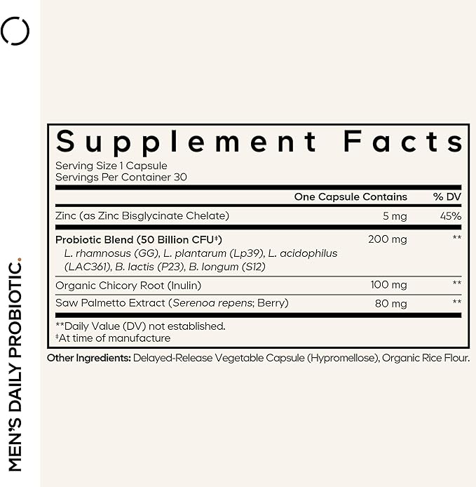 Codeage Men’s Daily Probiotic Supplement - 50 Billion CFU Probiotic Blend with Zinc Inulin Prebiotic Saw Palmetto – Men’s Wellness Support – 1 Capsule Per Serving - Non-GMO – 30 Capsules