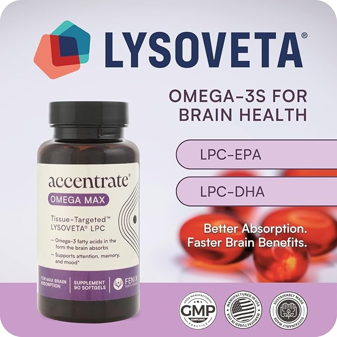 Omega Max w/LYSOVETA LPC | EPA &amp DHA Supplements for Brain &amp Retina Health | Focus Attention Memory Mood &amp Vision | 6X Higher Absorption Than Fish Oil | High Potency Omega-3 LPC-DHA