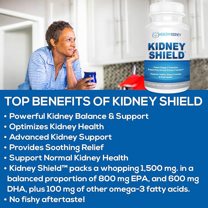 Kidney Shield Omega 3 Fish Oil Supplements - DHA EPA Omega 3 Supplement for Women &amp Men Kidney Health - Omega3 to Support Normal Kidneys Function &amp Cleanse Detox &amp Repair - 120 Lemon Soft