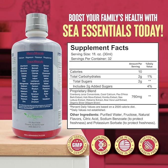 Wellgenix Sea Essentials Liquid Mineral Dietary Supplement with Trace and Macro Minerals and Coral Calcium – Sea Berry Flavor – 32 fl oz (Pack of 2)