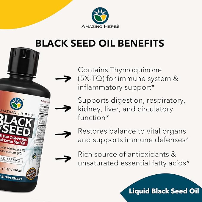 Amazing Herbs Egyptian Black Seed Oil - Gluten Free Non GMO Cold Pressed Nigella Sativa Aids in Digestive Health Immune Support Brain Function Mild Flavor - 32 Fl Oz