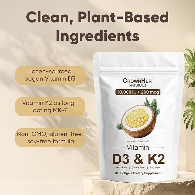 Naturals D3 K2 Essentials Vitamin D3 K2 Vitamin D3 K2 10000 IU+ K2 200 mcg MK-7 Coconut Oil Extra Strength Bone &amp Immune Support 180 Softgels