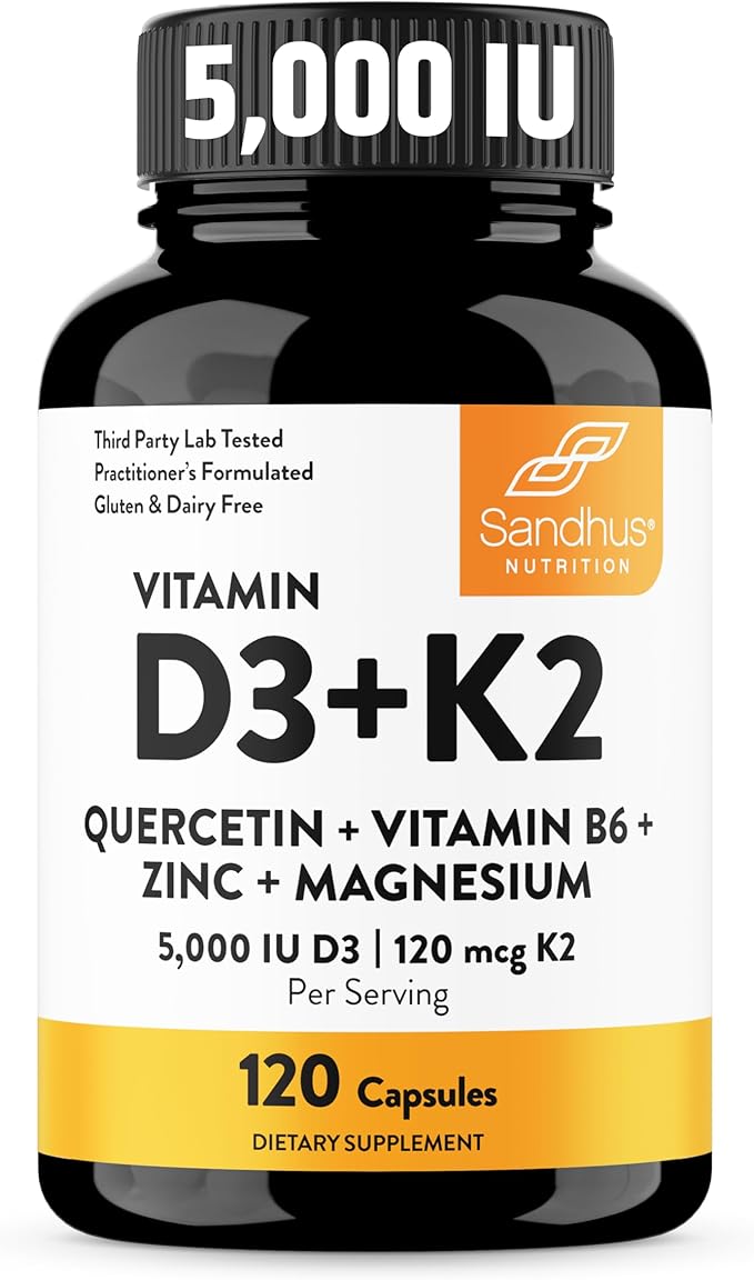 Sandhu's Zinc Quercetin Bundle with Magnesium Glycinate &amp Vitamin D3 K2 5000 IU Capsules (120 Count Each) | for Men &amp Women