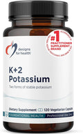 Designs for Health K+2 Potassium - 300mg Two Forms of Potassium - Potassium Bicarbonate + Glycinate Pills - Supplement Support to Help Maintain Healthy Blood Pressure Levels (120 Capsules)