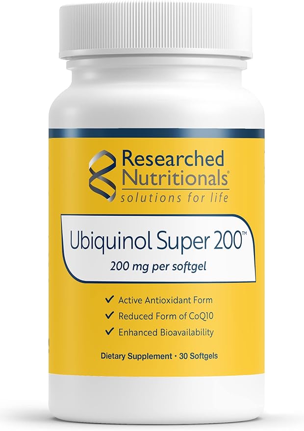 Researched Nutritionals Ubiquinol Super 200 - Enhanced Absorption CoQ10 200mg Softgels - Antioxidants Supplement to Support Heart Health Energy &amp Healthy Aging (30 Count)
