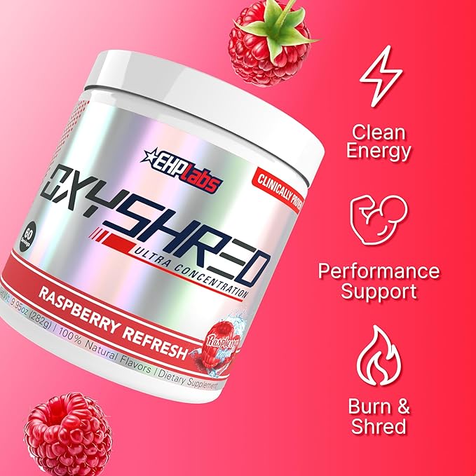 EHP Labs OxyShred Pre Workout Powder - Preworkout Powder with L Glutamine &amp Acetyl L Carnitine Energy Boost Drink - Raspberry Refresh 60 Servings