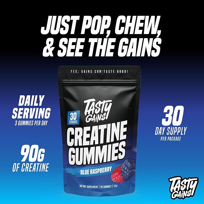 TASTY GAINS Creatine Gummies - 90g of Creatine Monohydrate - Workout Supplements - Build Muscle &amp Boost Strength for Men &amp Women - Made in USA - Non GMO - Vegan Friendly (Large Blue Raspberry