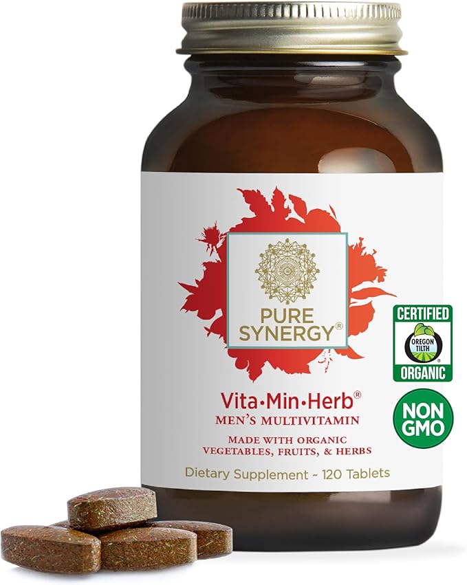 PURE SYNERGY Vita·Min·Herb for Men | Men’s Comprehensive Multivitamin Supplement | Made with Organic Whole Food Non-GMO Ingredients | Daily Energy &amp Immune Support (120 Tablets)