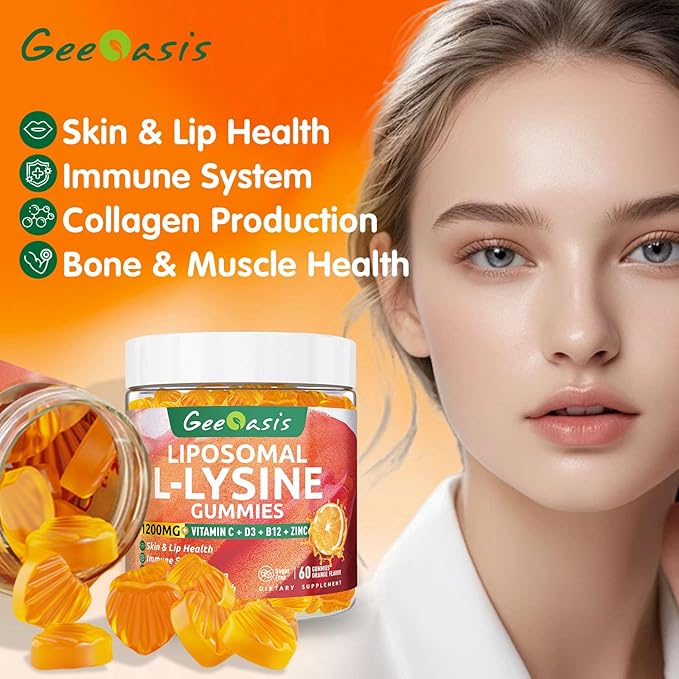 Liposomal L-lysine Gummies 1200mg Lysine Chewable Supplement with Vitamin C D3 B12 &amp Zinc for Adults &amp Kids Immune &amp Collagen Support Lips &amp Skin Health Vegan Natural Fruit Flav