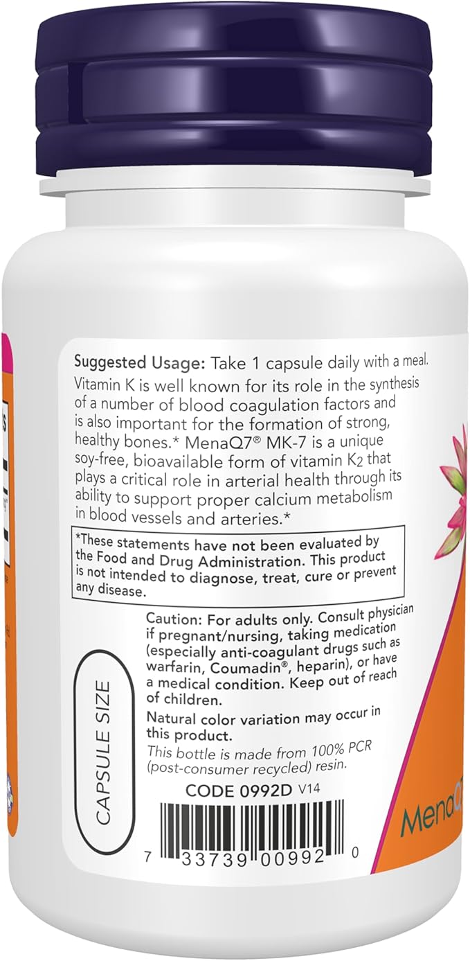 NOW Foods MK-7 Vitamin K-2 100 mcg Veg Capsules 60 Count (3 Pack)