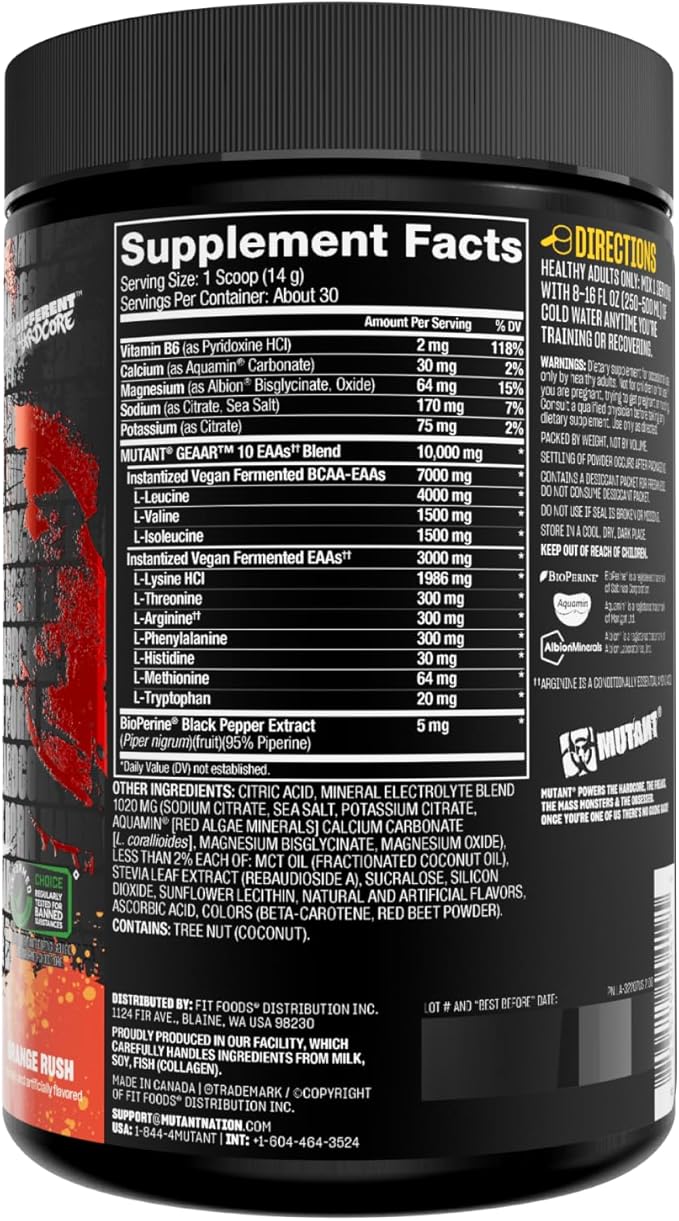Mutant GEAAR - 9.4g of EAA Powder + Arginine 7g BCAAs 4g Leucine Electrolytes Coconut Water 30 Servings (Orange Rush)