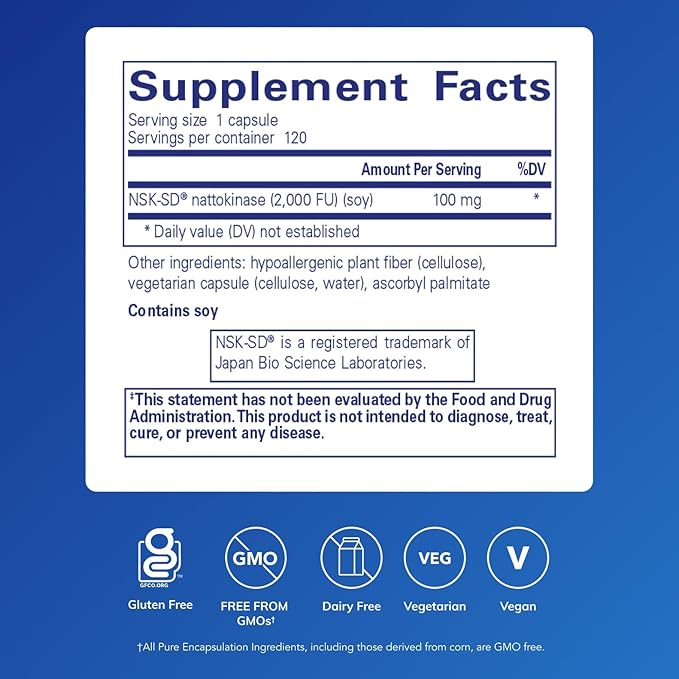 Pure Encapsulations NSK-SD - 100 mg Nattokinase - for Normal Blood Circulation - Supports Fibrinolytic Activity* - Gluten Free &amp Non-GMO - 120 Capsules