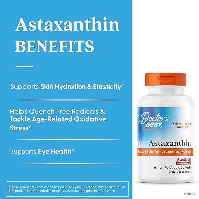 Doctor's Best Astaxanthin Vegan Supplement 6 mg - Skin Elasticity &amp Antioxidant Support for Men &amp Women Extract from Haematococcus Pluvialis Microalgae Non GMO Gluten Free - 90 Veggie Softg