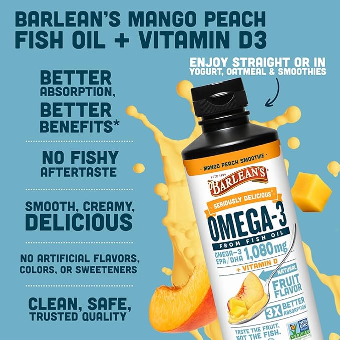 Barlean's Omega 3 Fish Oil Liquid Supplement with Vitamin D for Men and Women 1080mg of EPA and DHA Fatty Acid Promotes Brain &amp Heart Health - Non-GMO Mango Peach 16 oz