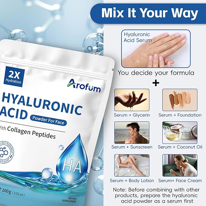 Hyaluronic Acid Powder with Collagen Peptides – DIY Hydrating Serum &amp Skincare Ingredient Clean Formula Gluten-Free No Preservatives – 100g / 3.52oz