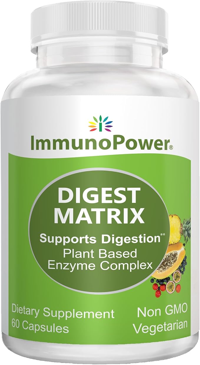 Digest Matrix with 18 All-Natural Enzymes. Breakdown Carbs Protein Fiber &amp Lactose Bloating Relief Aids Digestion Comfort. Non-GMO Vegetarian 60 Capsules