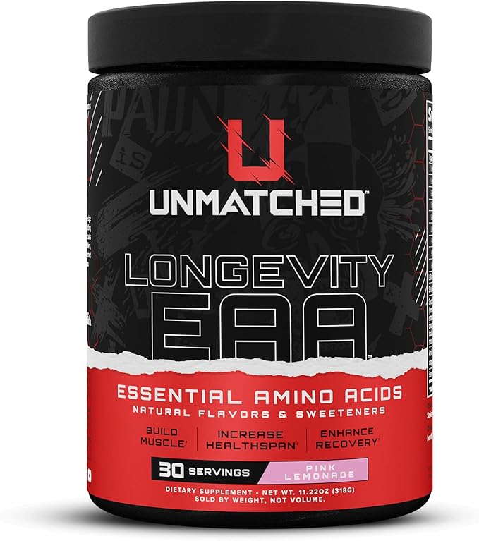 Unmatched Longevity EAA Essential Amino Acids | Muscle Build &amp Recovery | Performance &amp Health-Span Benefits | Natural Flavors &amp Sweeteners | 30 Servings (Pink Lemonade)