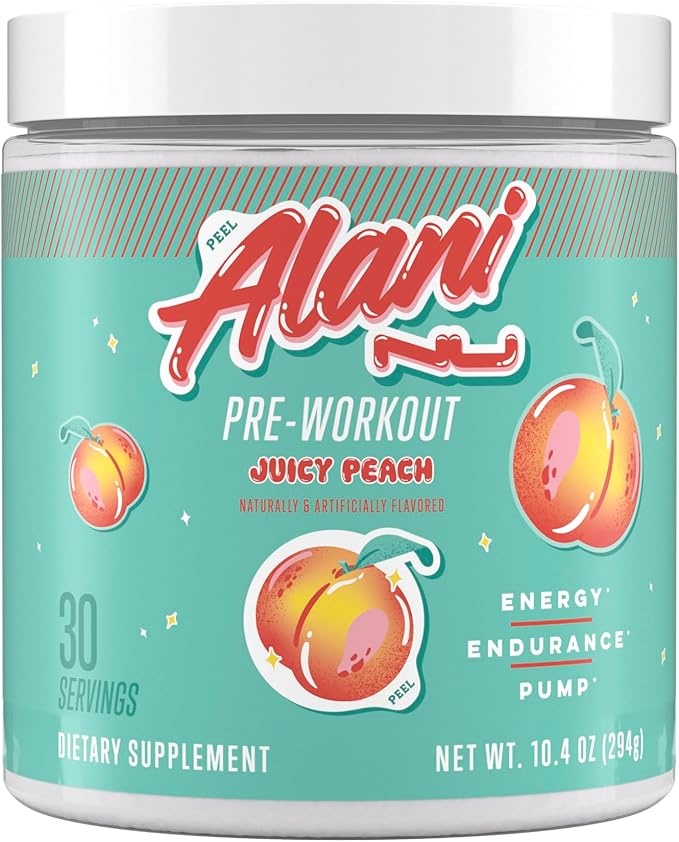Alani Nu Pre Workout Powder Juicy Peach Amino Energy Boost Endurance Supplement Sugar Free 200mg Caffeine L-Theanine Beta-Alanine Citrulline 30 Servings