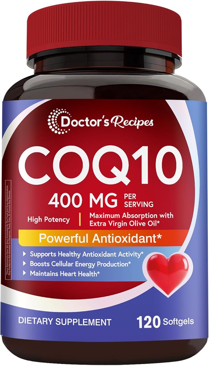 Doctor's Recipes CoQ10 400 mg High Potency Stable Form Ubiquinone Superior Absorption with Extra Virgin Olive Oil Antioxidant for Heart &amp Energy Naturally Fermented Gluten-Free 120 Softgels