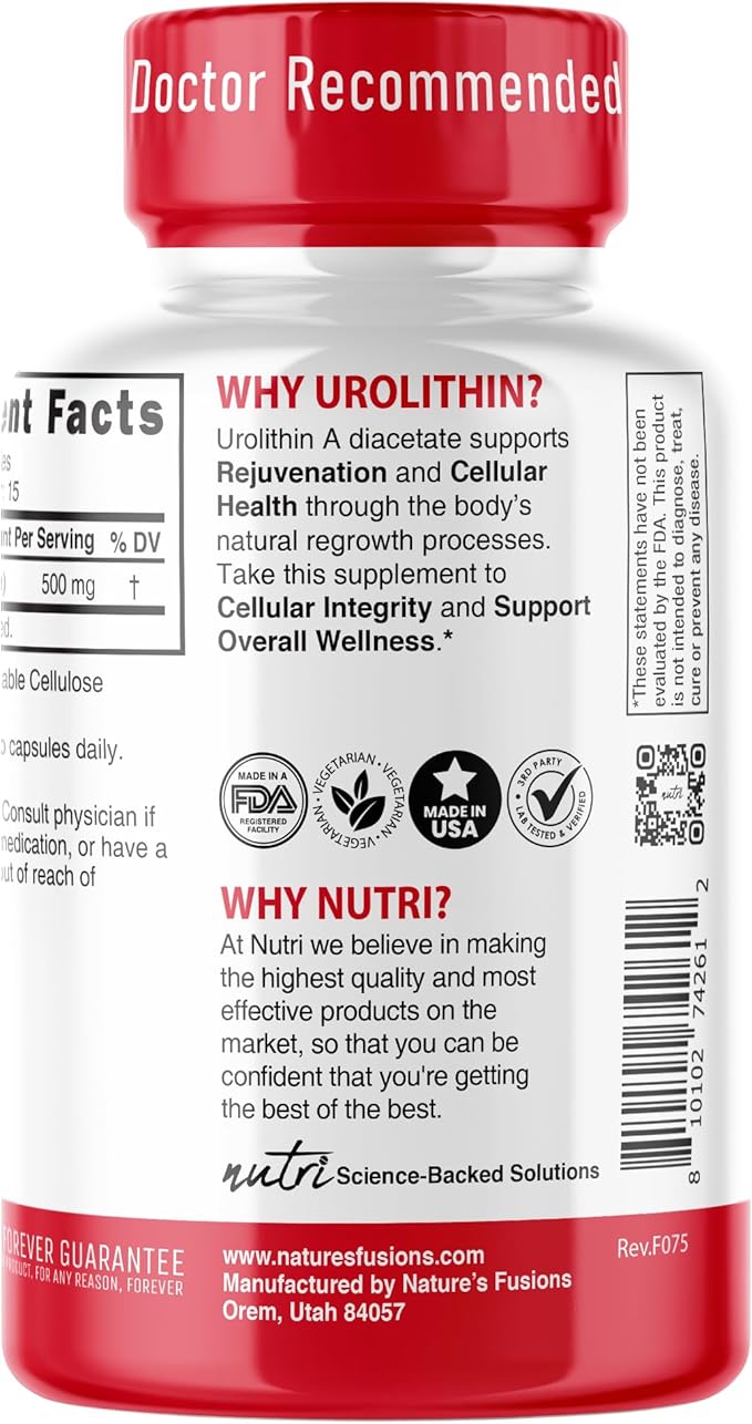Nutri Urolithin A Supplement 500mg - Powerful Antioxidant Health &amp Wellness Booster - 3rd Party Tested - 500 mg Urolithin A Diacetate - 30 Vegan Capsules 2 Week+ Supply - NSF cGMP Certified Facil