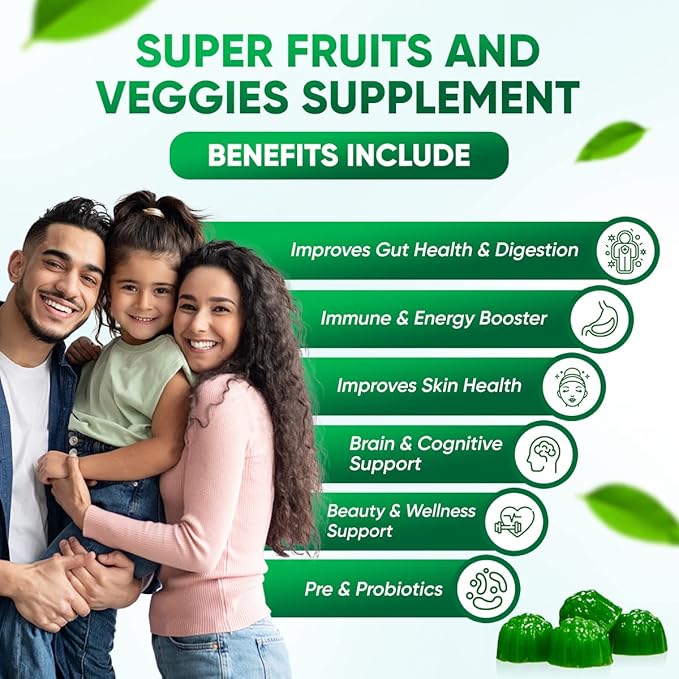 Sugar-Free Real Organic Fruits Super Greens and Veggies Gummies | 35+ Nutritious &amp Healthy Greens Fruits and Vegetables for Improved Immunity Skin Health &amp Energy Boost|60 Vegan Gummies