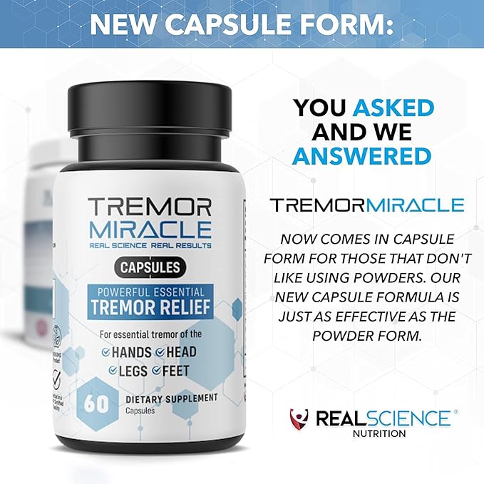 Real Science Tremor Miracle Capsules – Tremor Relief Supplement and Hand Tremor Aids for Adults – with TremorStop Blend GABA and Vitamins for Neurotransmission Support – Made in USA 60 Caps