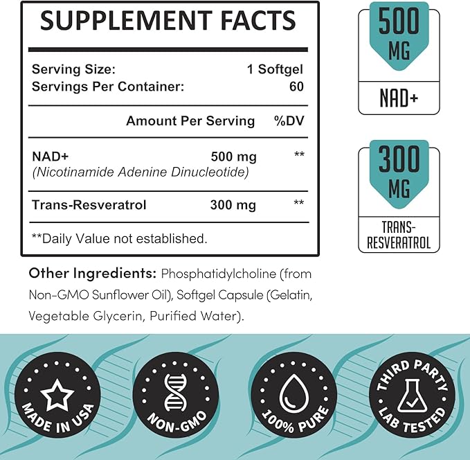 Liposomal NAD+ 800 mg with Trans-Resveratrol 300 mg Max Absorption Actual NAD+ Boosting Supplement for Healthy Aging Cellular Energy DNA Repair Longevity - 120 Softgels