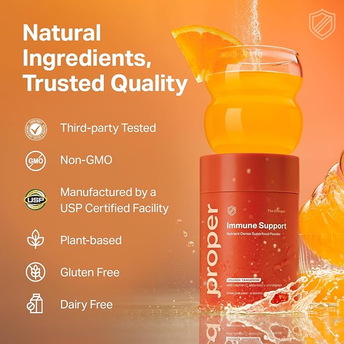 Proper The Oranges Immune Support Supplement. Orange Tangerine Drink Mix. Elderberry Vitamin C and Zinc Complex with Echinacea Immunity Vitamins Phytonutrients and Gut Health Probiotic